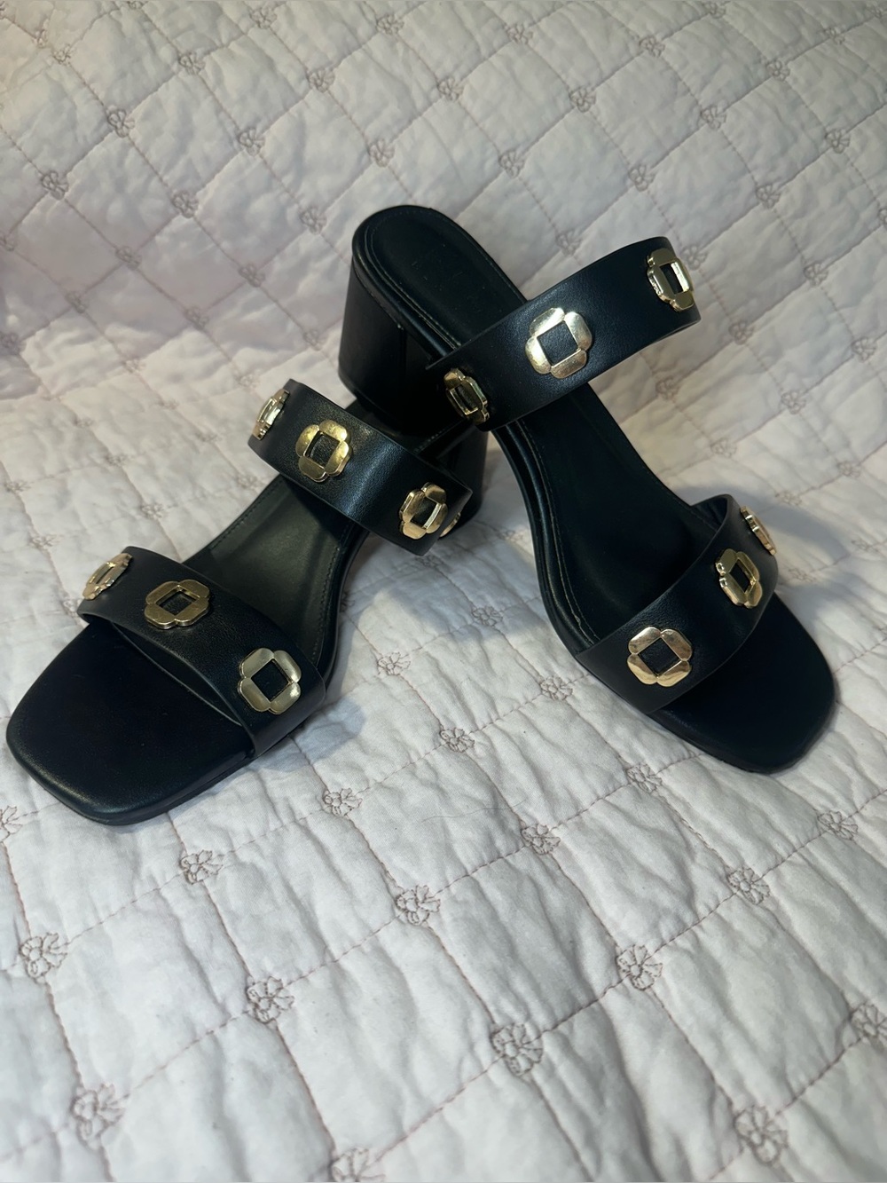Nicole Miller Black Heeled Sandals with Gold Accent Studs
